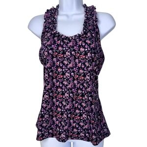 Self Esteem Floral Halter Tank Top Women Large‎ Black Purple Ruffle Back Bow